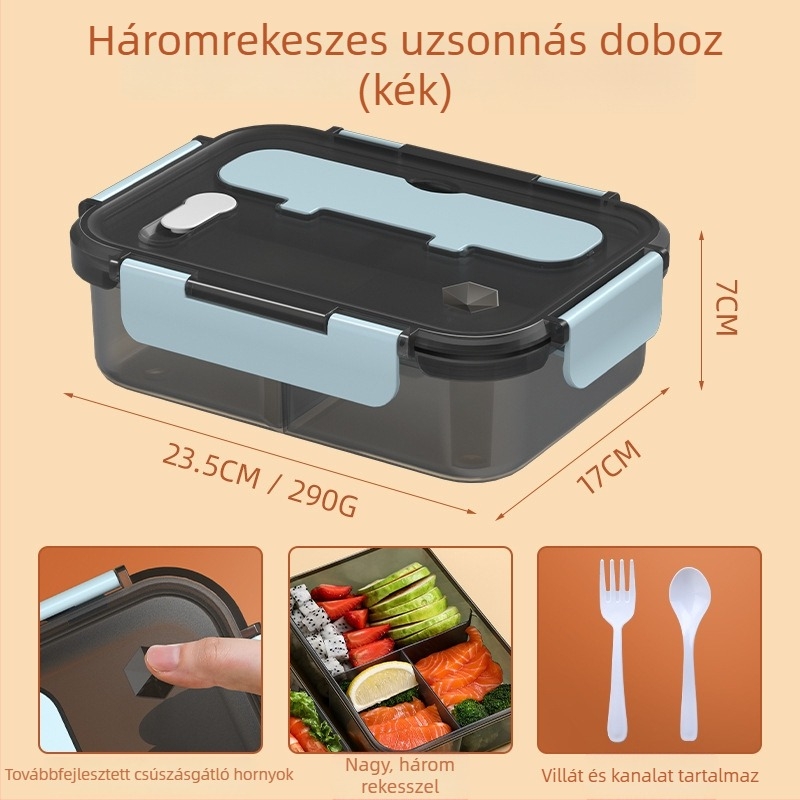 Zárt műanyag uzsonnás doboz szigetelt rekeszekkel és fedővel, nagy kapacitású élelmiszer-minőségű, hordozható, téglalap alakú, 1-2 L, mikrohullámú sütőben használható, szivárgásmentes, egyrétegű