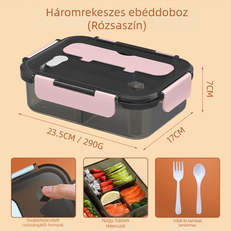 Zárt műanyag uzsonnás doboz szigetelt rekeszekkel és fedővel, nagy kapacitású élelmiszer-minőségű, hordozható, téglalap alakú, 1-2 L, mikrohullámú sütőben használható, szivárgásmentes, egyrétegű