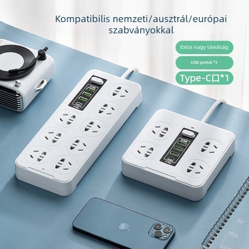Intelligens hosszú kábelű, többaljzatos USB töltéssel és PD-s kapcsoló tápegységgel