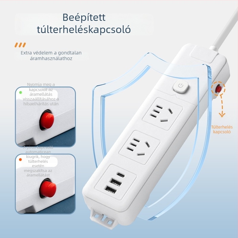 Intelligens hosszú kábelű, többaljzatos USB töltéssel és PD-s kapcsoló tápegységgel