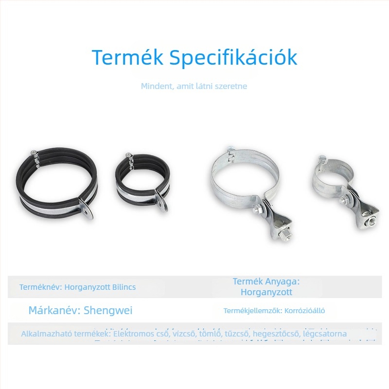 2,0 mm vastag galvanizált vasból készült csőbilincs zsanérral és függő klipszekkel kör alakú csövekhez