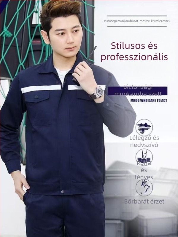 Férfiak számára készült tavaszi–ősz munkaruha-készlet, hosszú ujjú, tartós poliészter, fényvisszaverő sávok