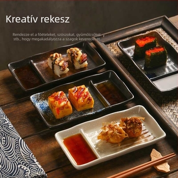 Porcelánból készült kétrekeszes tál szószossal, japán stílusban, tortákhoz, sushihoz, desszertekhez és nassolnivalókhoz.