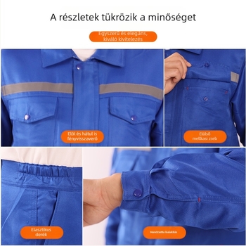 Férfiaknak szóló poliészter munkaruha szett fényvisszaverő csíkkal, kopásálló és foltálló, tavasz–ősz