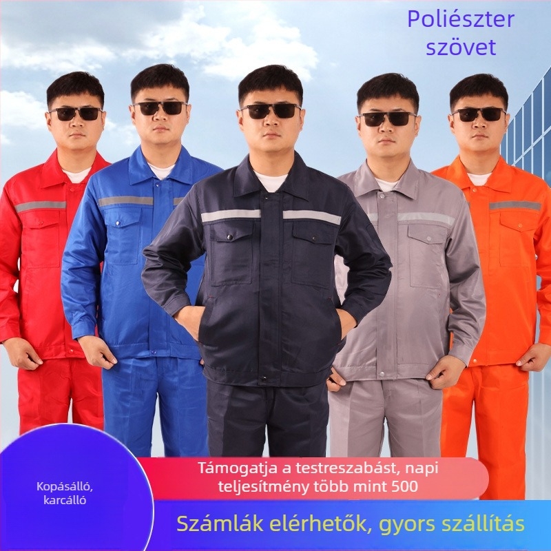 Férfiaknak szóló poliészter munkaruha szett fényvisszaverő csíkkal, kopásálló és foltálló, tavasz–ősz