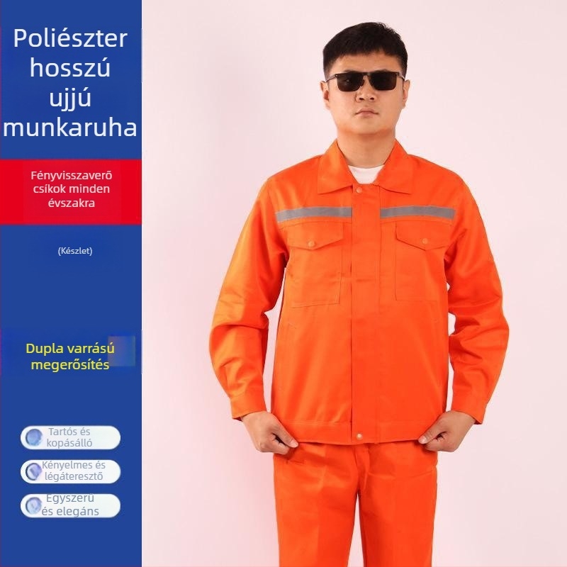 Férfiaknak szóló poliészter munkaruha szett fényvisszaverő csíkkal, kopásálló és foltálló, tavasz–ősz