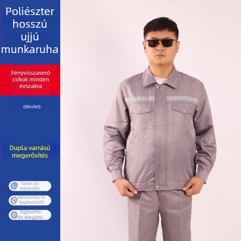 Férfiaknak szóló poliészter munkaruha szett fényvisszaverő csíkkal, kopásálló és foltálló, tavasz–ősz