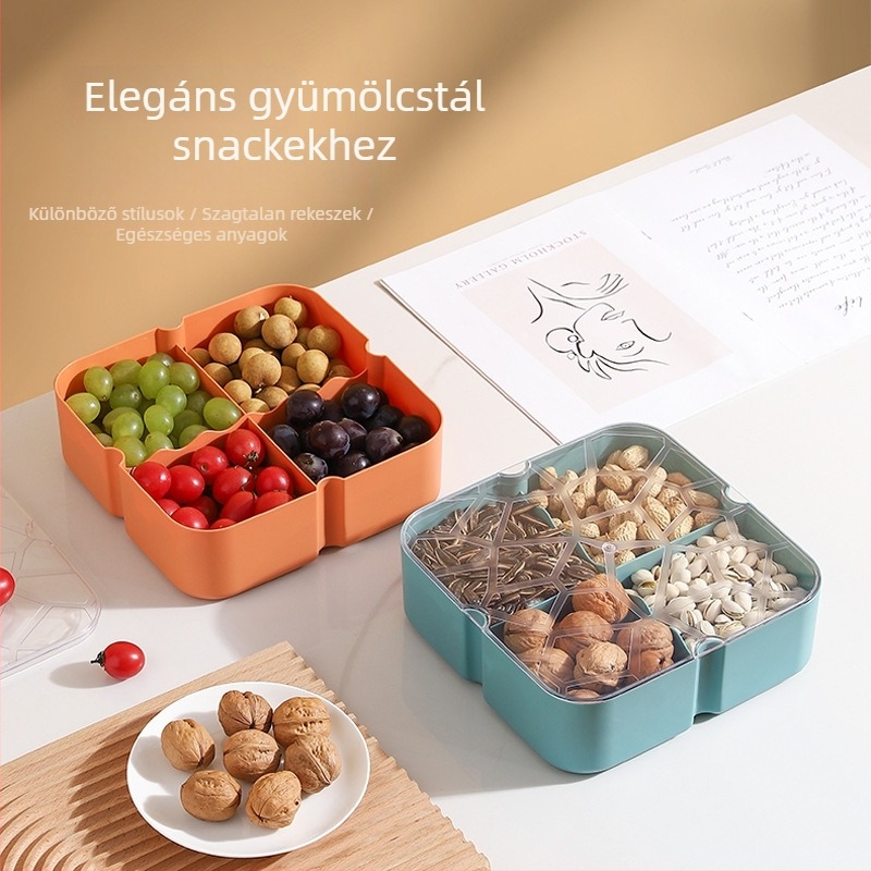 Műanyag gyümölcstál rekeszekkel és fedővel, diófélékhez, nassolnivalókhoz és magvakhoz