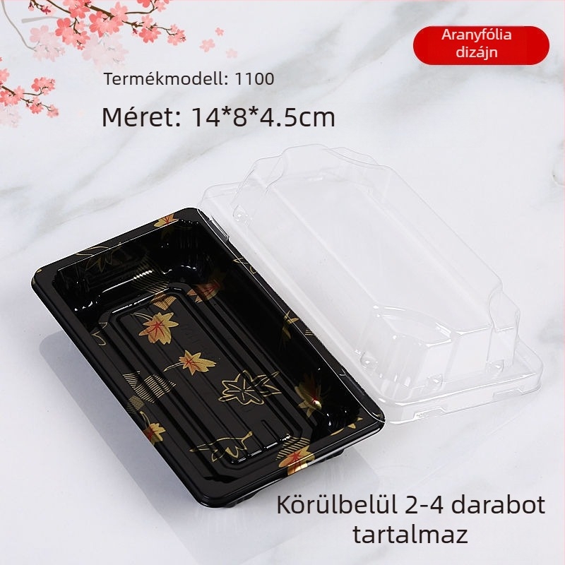 Egyszer használatos, téglalap alakú műanyag sushi doboz elvitelre, japán sashimi lazac, gunkan stílus
