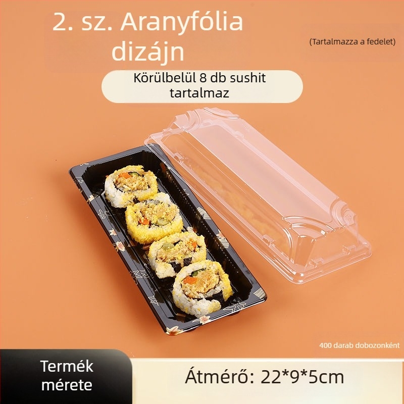 Egyszer használatos, téglalap alakú műanyag sushi doboz elvitelre, japán sashimi lazac, gunkan stílus