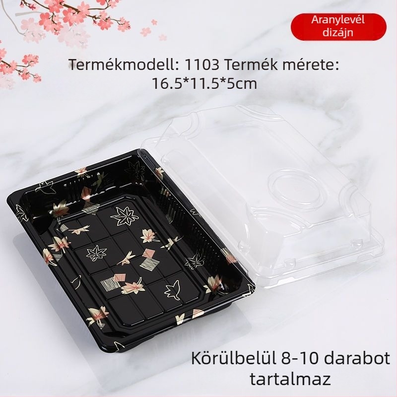 Egyszer használatos, téglalap alakú műanyag sushi doboz elvitelre, japán sashimi lazac, gunkan stílus