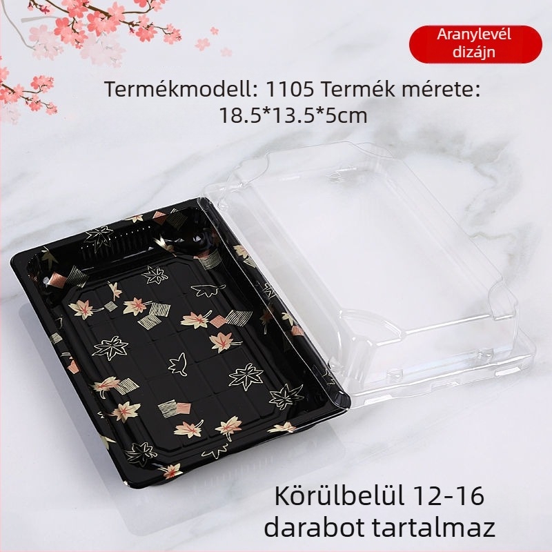 Egyszer használatos, téglalap alakú műanyag sushi doboz elvitelre, japán sashimi lazac, gunkan stílus