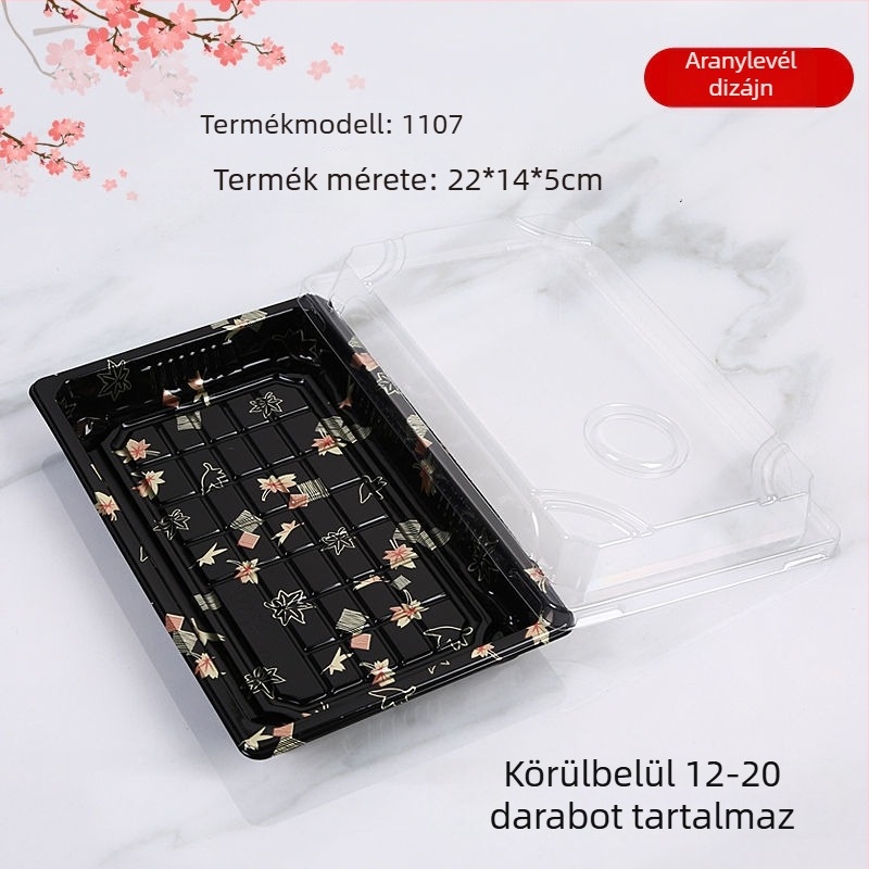 Egyszer használatos, téglalap alakú műanyag sushi doboz elvitelre, japán sashimi lazac, gunkan stílus
