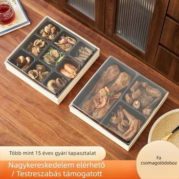 Egyszer használatos fa ételcsomagoló doboz kilenc rekesz tengeri ételekhez, kacsatermékekhez és főtt ételekhez