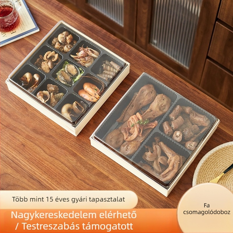 Egyszer használatos fa ételcsomagoló doboz kilenc rekesz tengeri ételekhez, kacsatermékekhez és főtt ételekhez
