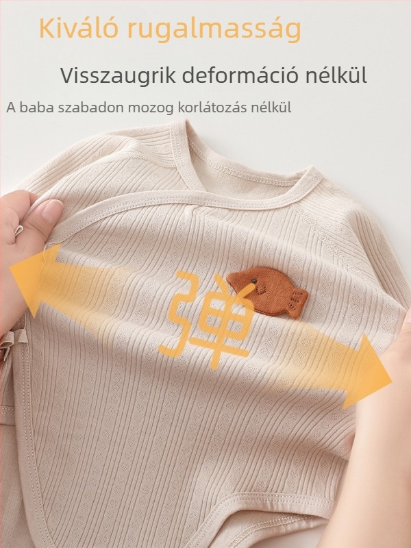 100% pamut újszülött rugi, hosszú ujjú, 0–12 hónap, tavasz–ősz, ferde hátul kötéses zárás