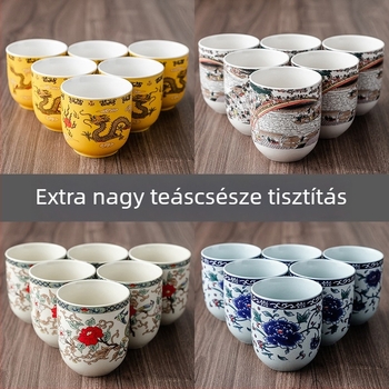 Kék-fehér porcelán Kung Fu tea készlet hat kóstolócsészével és egy tálalócsészével