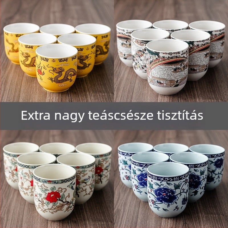 Kék-fehér porcelán Kung Fu tea készlet hat kóstolócsészével és egy tálalócsészével