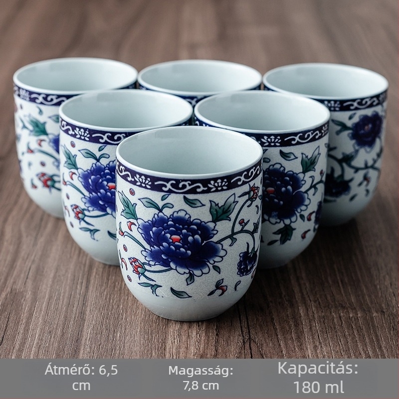 Kék-fehér porcelán Kung Fu tea készlet hat kóstolócsészével és egy tálalócsészével