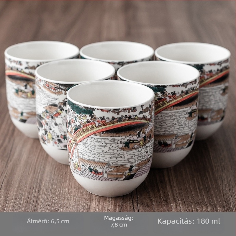 Kék-fehér porcelán Kung Fu tea készlet hat kóstolócsészével és egy tálalócsészével
