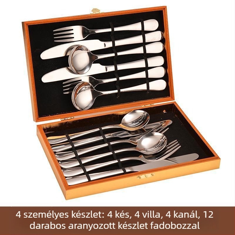 Rozsdamentes acélból készült evőeszköz készlet, európai stílus, 24 darab, ajándékdoboza, tartalmaz steak késeket, villákat és kanálokat