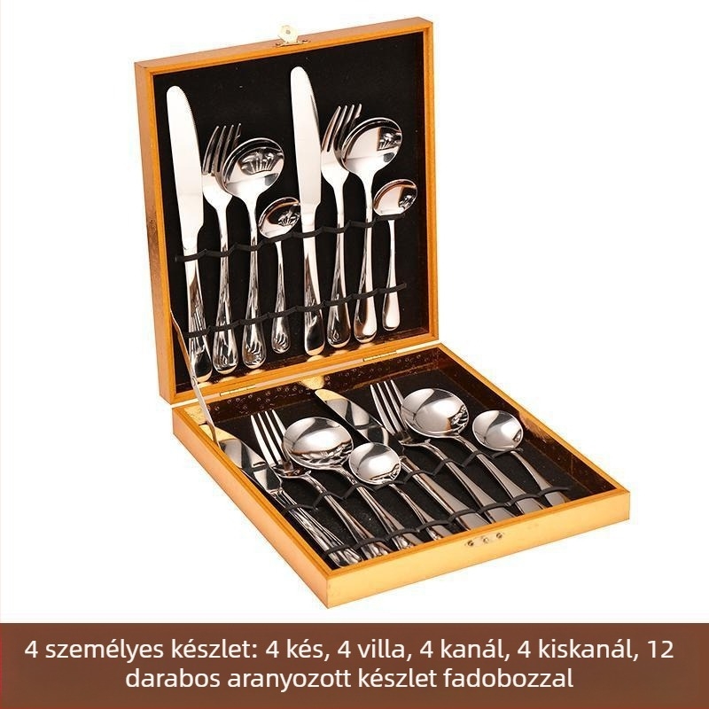 Rozsdamentes acélból készült evőeszköz készlet, európai stílus, 24 darab, ajándékdoboza, tartalmaz steak késeket, villákat és kanálokat