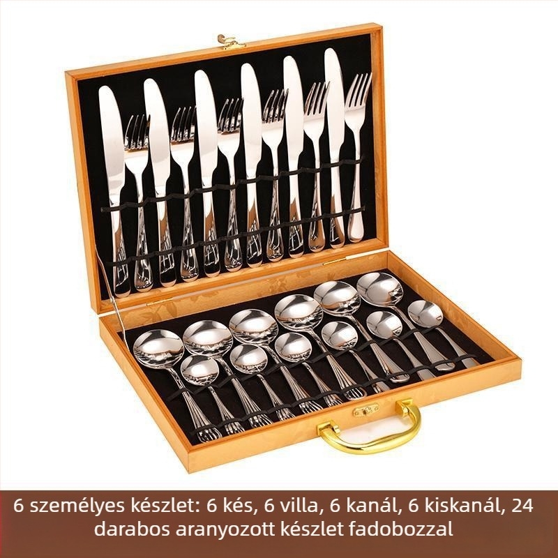 Rozsdamentes acélból készült evőeszköz készlet, európai stílus, 24 darab, ajándékdoboza, tartalmaz steak késeket, villákat és kanálokat