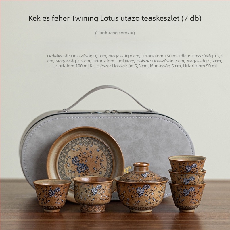 Utazó kerámia teázókészlet teáskannával és három csészével – minimalist, kültéri, hordozható, kék-fehér lótusz mintával