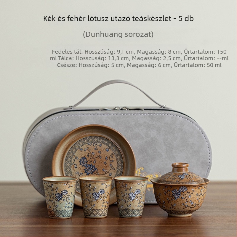 Utazó kerámia teázókészlet teáskannával és három csészével – minimalist, kültéri, hordozható, kék-fehér lótusz mintával