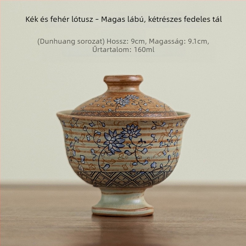 Utazó kerámia teázókészlet teáskannával és három csészével – minimalist, kültéri, hordozható, kék-fehér lótusz mintával