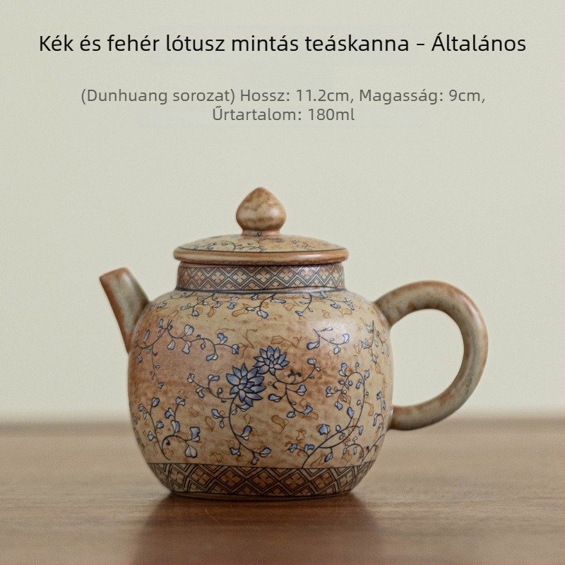 Utazó kerámia teázókészlet teáskannával és három csészével – minimalist, kültéri, hordozható, kék-fehér lótusz mintával