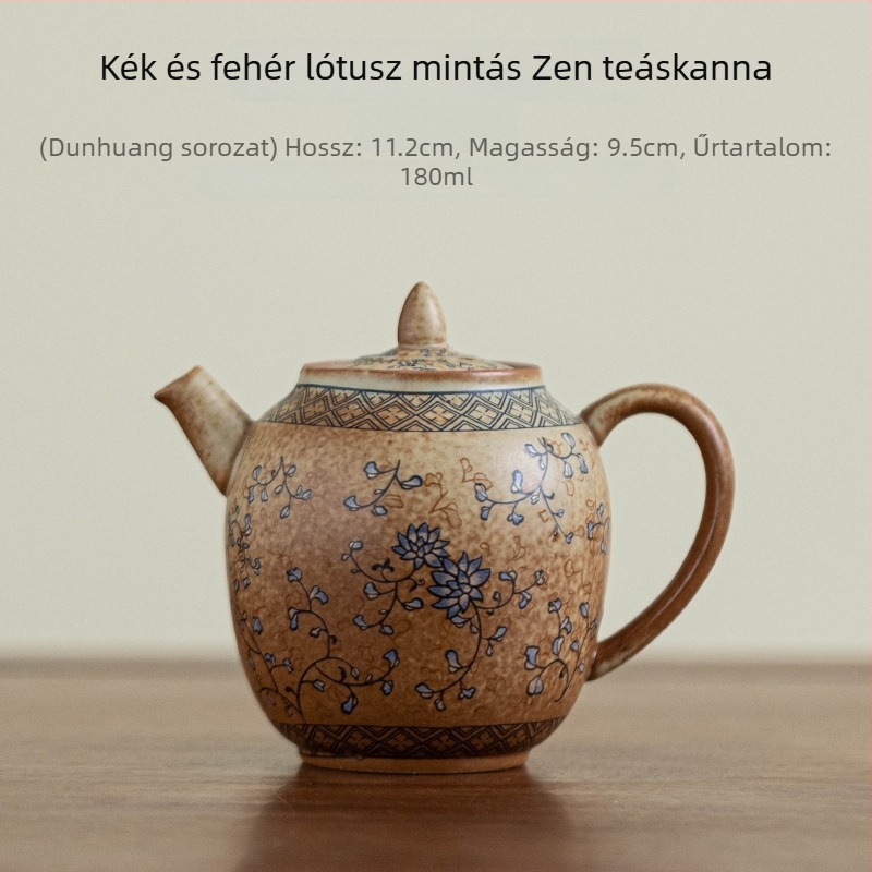 Utazó kerámia teázókészlet teáskannával és három csészével – minimalist, kültéri, hordozható, kék-fehér lótusz mintával