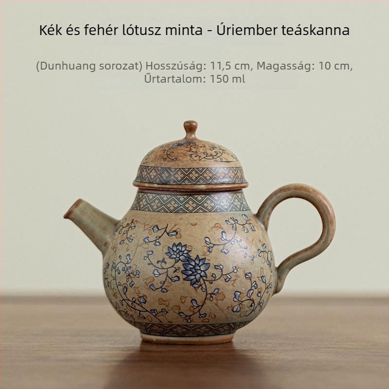 Utazó kerámia teázókészlet teáskannával és három csészével – minimalist, kültéri, hordozható, kék-fehér lótusz mintával