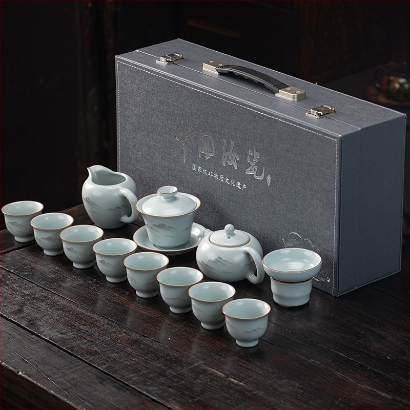 2025-ös új modell: Ru Kiln Kung Fu teáskészlet kerámiás gaiwan-nal, teáskannával és poharakkal otthoni használatra, minimalist stílus