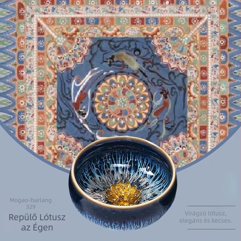 Dunhuang Lotus Jianzhan teáskészlet páros csészékkel, Tianmu ezüst színű csészékkel — ajándék doboz