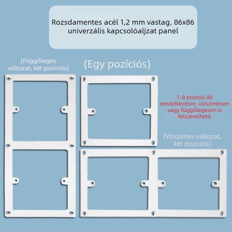 86-os típusú falra szerelhető kapcsoló és dugalj panel megnagyított nyílással a hibák elfedésére, vízszintes és függőleges támasztó lemez nélkül