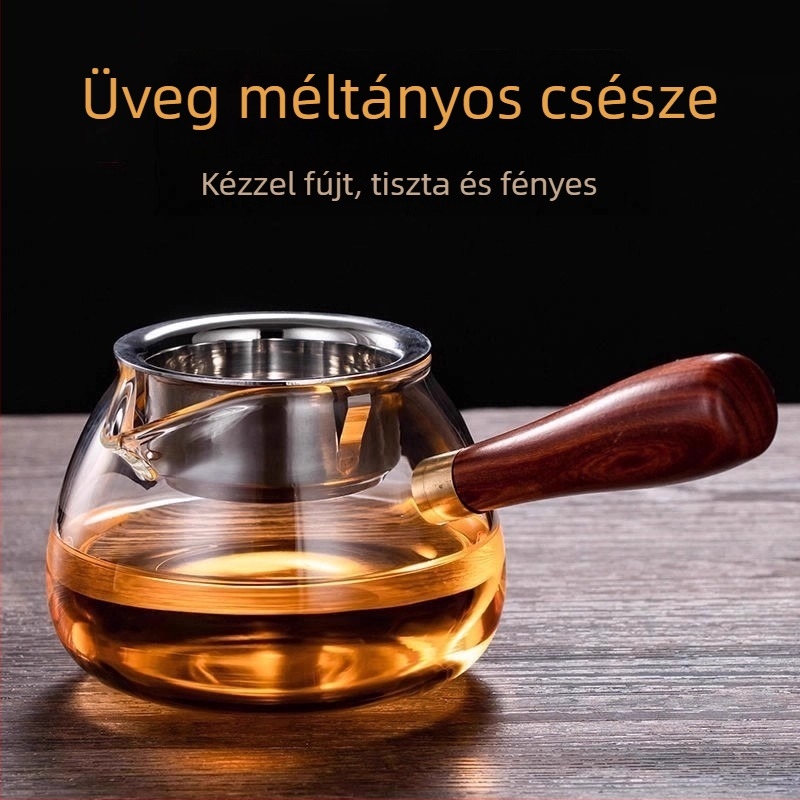 Fából készült teáscsésze beépített szűrővel és szigetelt üveggel, vastagított tea- és vízszétválasztó, oldalsó fogantyúval
