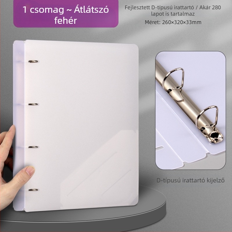 D-típusú 2 lyukas irattartó, vízszintes tok, nagy kapacitású, A4 méret, PP anyagú