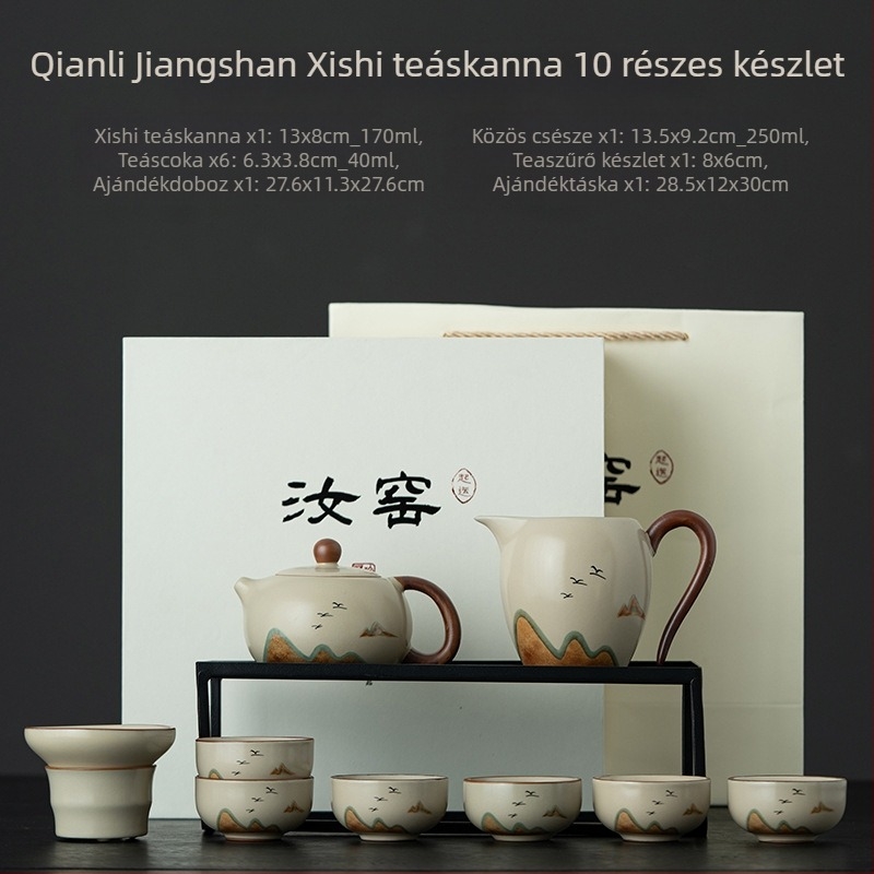 Ru Kiln kék‑fehér teáskészlet otthonra, luxus teáskannával és teáscsészékkel, ajándékdoboza