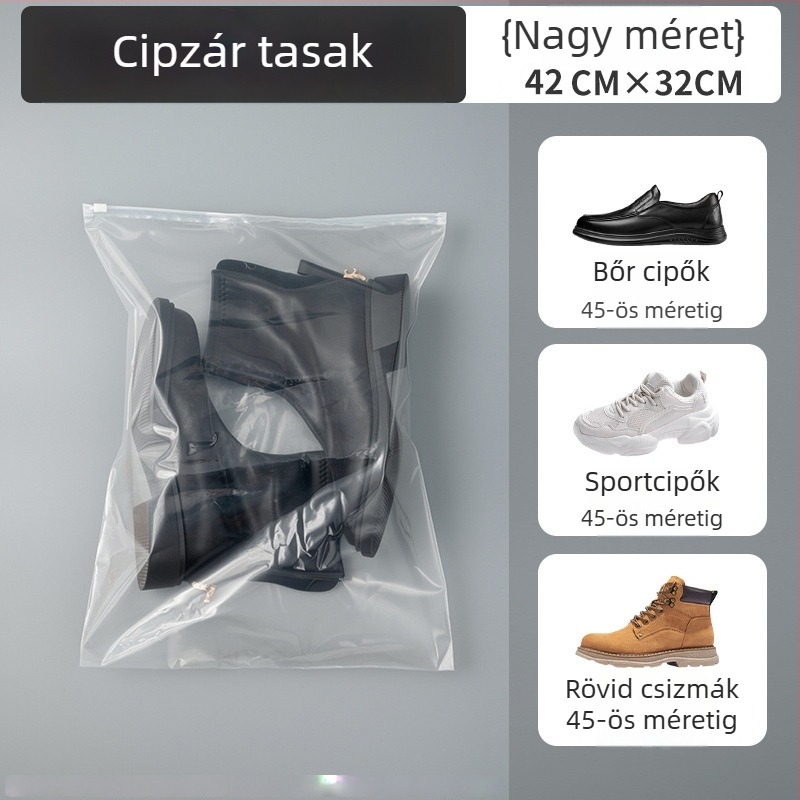 Utazó cipő tároló táska, nagy kapacitású, porálló, átlátszó zárható tasak cipőknek