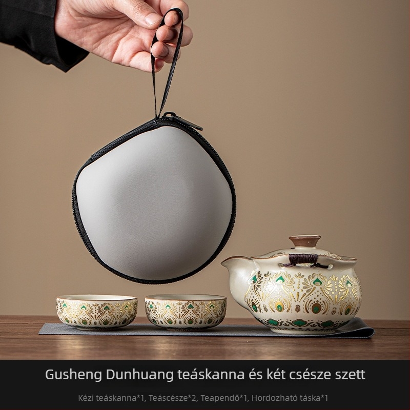 Ru Kiln magas minőségű teáskészlet fedéllel és poharakkal, égésvédett, kültéri hordozható – egy teáskanna, három pohár