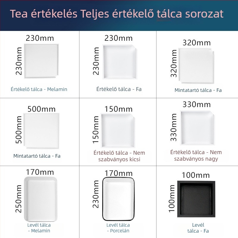 Tea kóstoló készlet fából készült mintatárral és zománcos tányérral