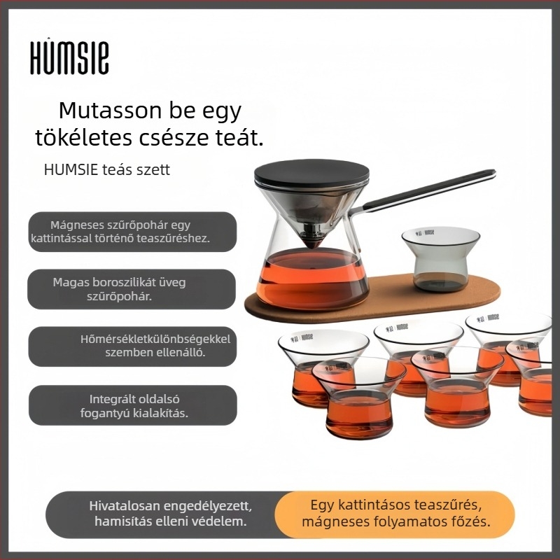 Üveg teáskanna mágneses nyomó mechanizmussal és tea szétválasztó szűrővel, modern teáskészlet.