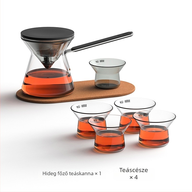 Üveg teáskanna mágneses nyomó mechanizmussal és tea szétválasztó szűrővel, modern teáskészlet.