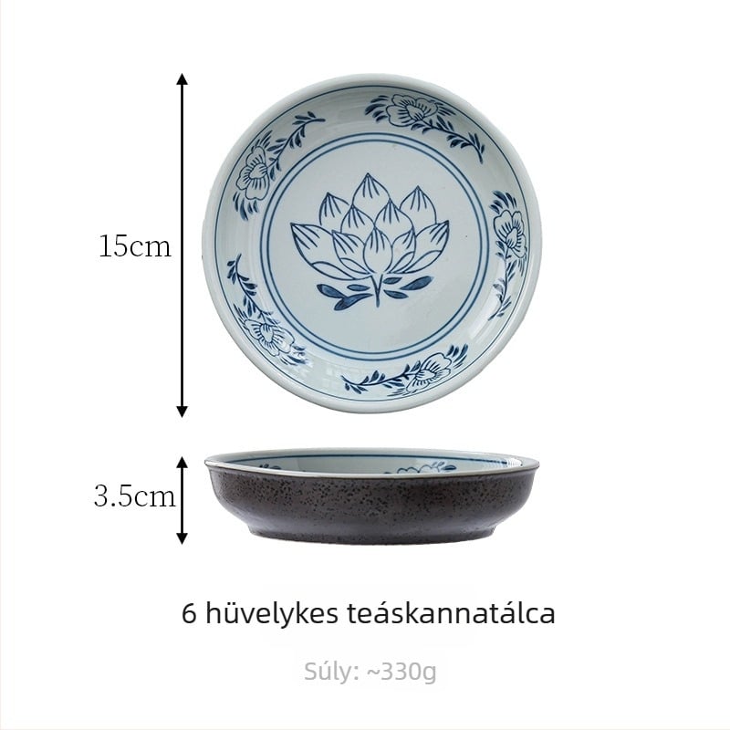 Vintage kék lótusz teáskanna rotangos szárító tálcával, lila agyag teáskanna tartó, nagy loofah rostból készült teakeret víztárolóval