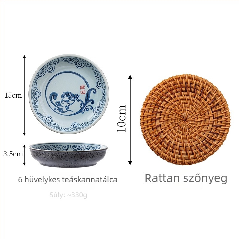 Vintage kék lótusz teáskanna rotangos szárító tálcával, lila agyag teáskanna tartó, nagy loofah rostból készült teakeret víztárolóval