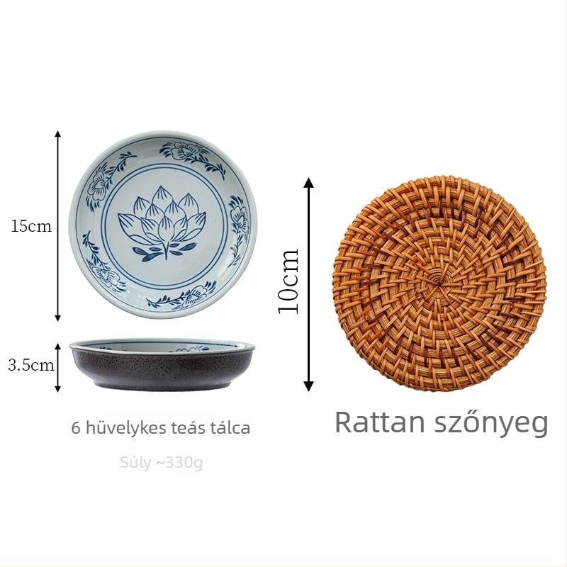 Vintage kék lótusz teáskanna rotangos szárító tálcával, lila agyag teáskanna tartó, nagy loofah rostból készült teakeret víztárolóval