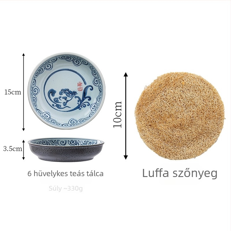 Vintage kék lótusz teáskanna rotangos szárító tálcával, lila agyag teáskanna tartó, nagy loofah rostból készült teakeret víztárolóval