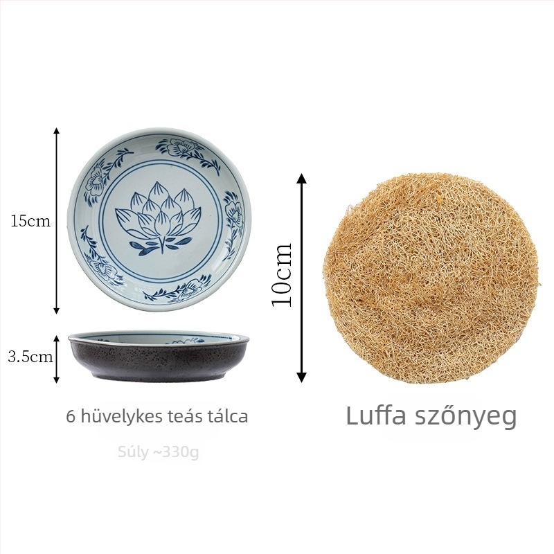 Vintage kék lótusz teáskanna rotangos szárító tálcával, lila agyag teáskanna tartó, nagy loofah rostból készült teakeret víztárolóval