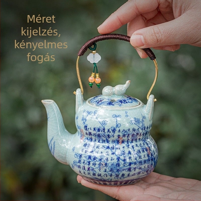 Régi agyagból készült kerámiás teáskanna, kék-fehér repedezett mázzal, kis méretű teáskészlet Kung Fu tea szettjéhez
